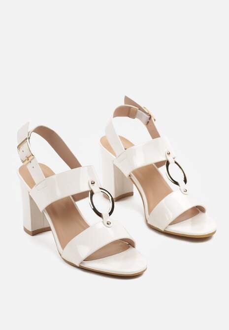 Białe Sandały z Lakierowanym Połyskiem na Słupkowym Obcasie Neolenna