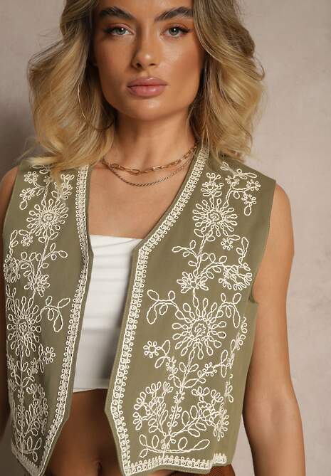 Ciemnozielona Bawełniana Kamizelka z Haftowanym Wzorem Lisadora