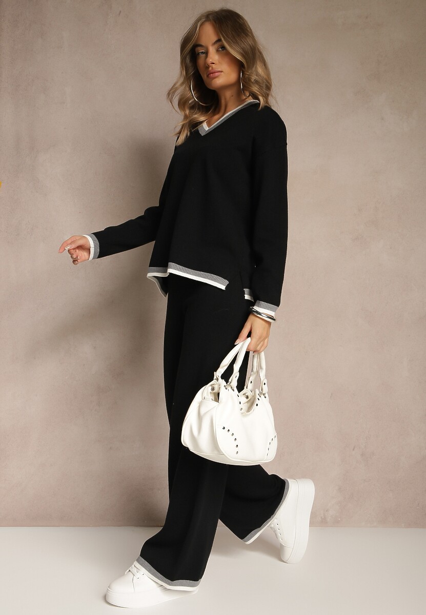 Czarny Komplet Dzianinowy Sweter i Spodnie Wide Leg z Ozdobną Lamówką Ralenia