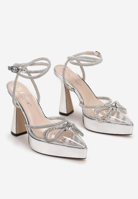 Srebrne Sandały na Klepsydrowym Obcasie i Platformie z Kokardką Kirsi