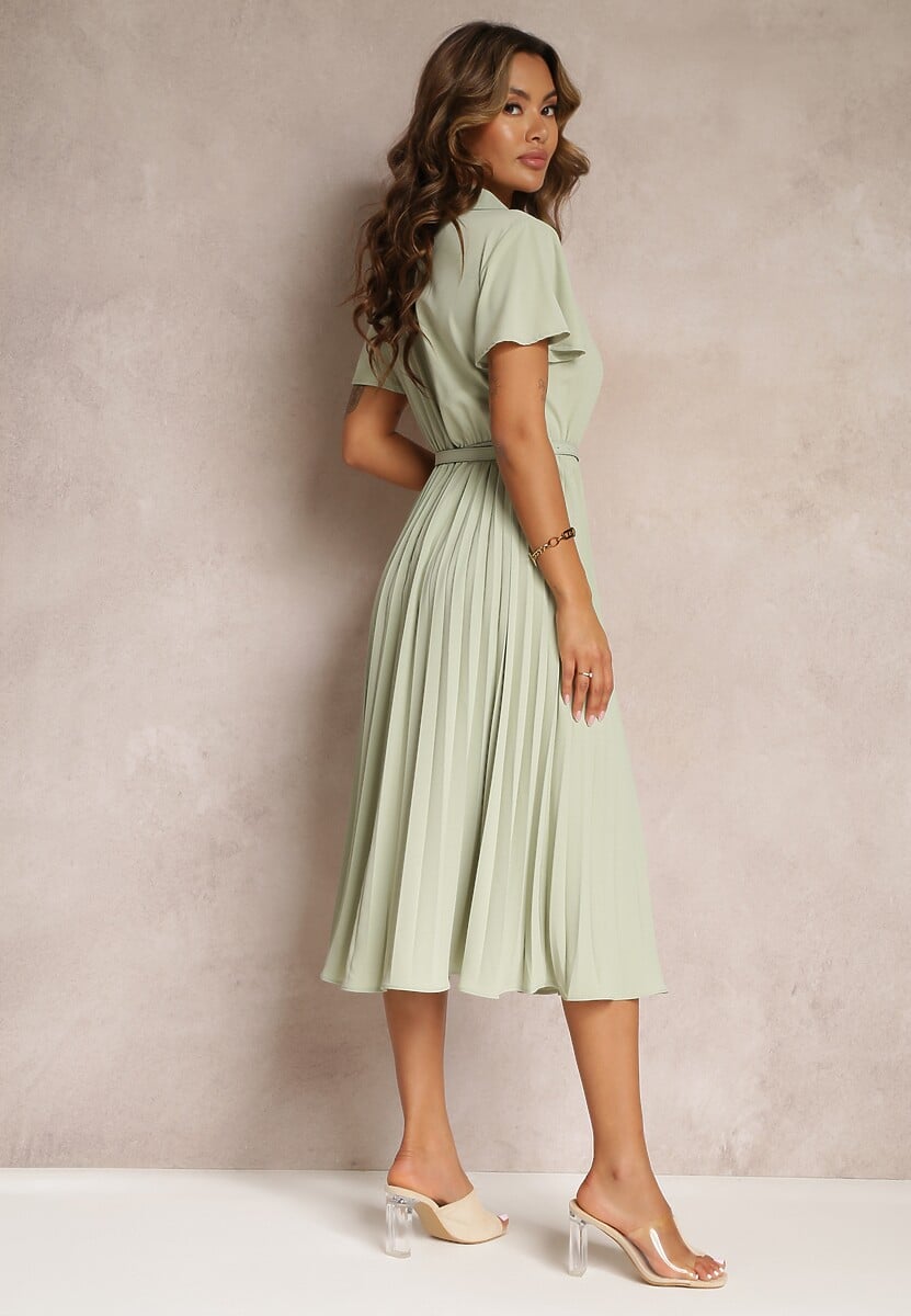 Zielona Retro Sukienka Midi z Plisowaniem i Paskiem na Klamrę Elinerise