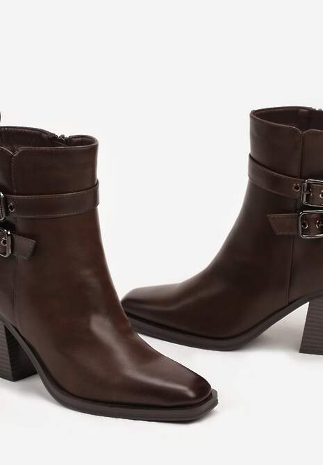 Brązowe Botki na Ściętym Obcasie z Klamrami Revirae