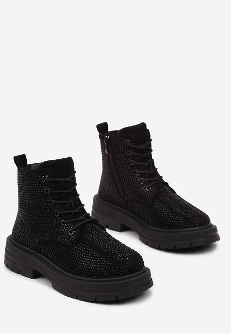 Czarne Wiązane Botki na Grubej Podeszwie w Cyrkonie Celebria