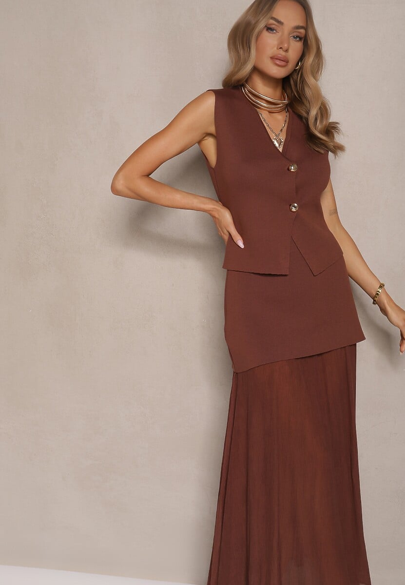 Bordowy Komplet z Wiskozą Spódnica o Rozkloszowanym Kroju i Kamizelka Ozdobiona Guzikami Felilya