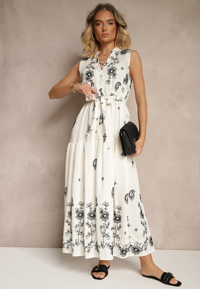 Biała Sukienka Bez Rękawów z Koszulową Górą Ozdobiona Haftem Mepiora