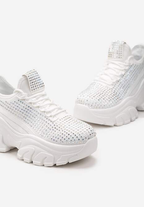 Białe Sneakersy na Platformie z Cholewką z Cyrkoniami Harilena