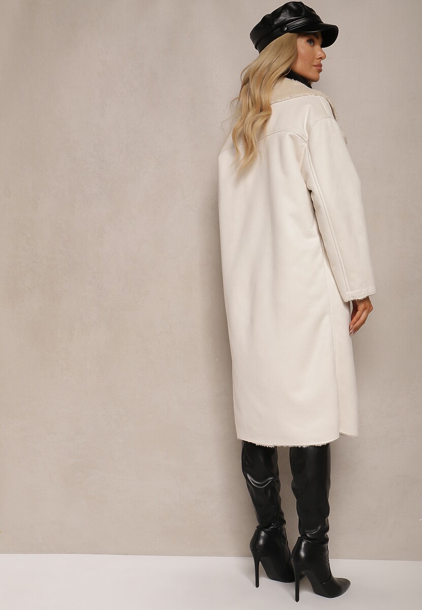 Jasnobeżowy Jednorzędowy Płaszcz Futerko z Imitacji Zamszu z Kieszeniami Etanielis