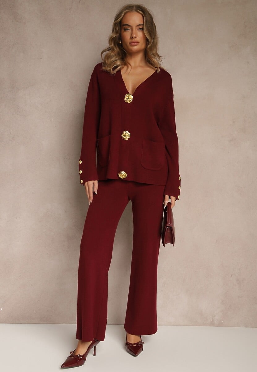 Bordowy Komplet z Dzianiny z Wiskozą Kardigan i Spodnie z Gumką Badrine
