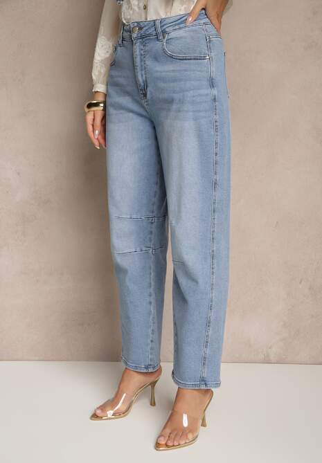 Niebieskie Jeansy Balloon High Waist z Przeszyciami na Wysokości Kolan Nollimi