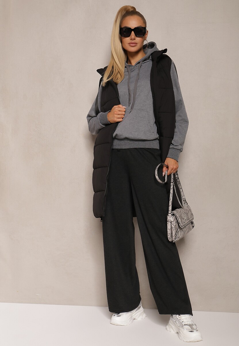 Czarne Spodnie Dzianinowe o Szerokim Kroju High Waist z Gumką w Pasie i Sznurkiem Creitta