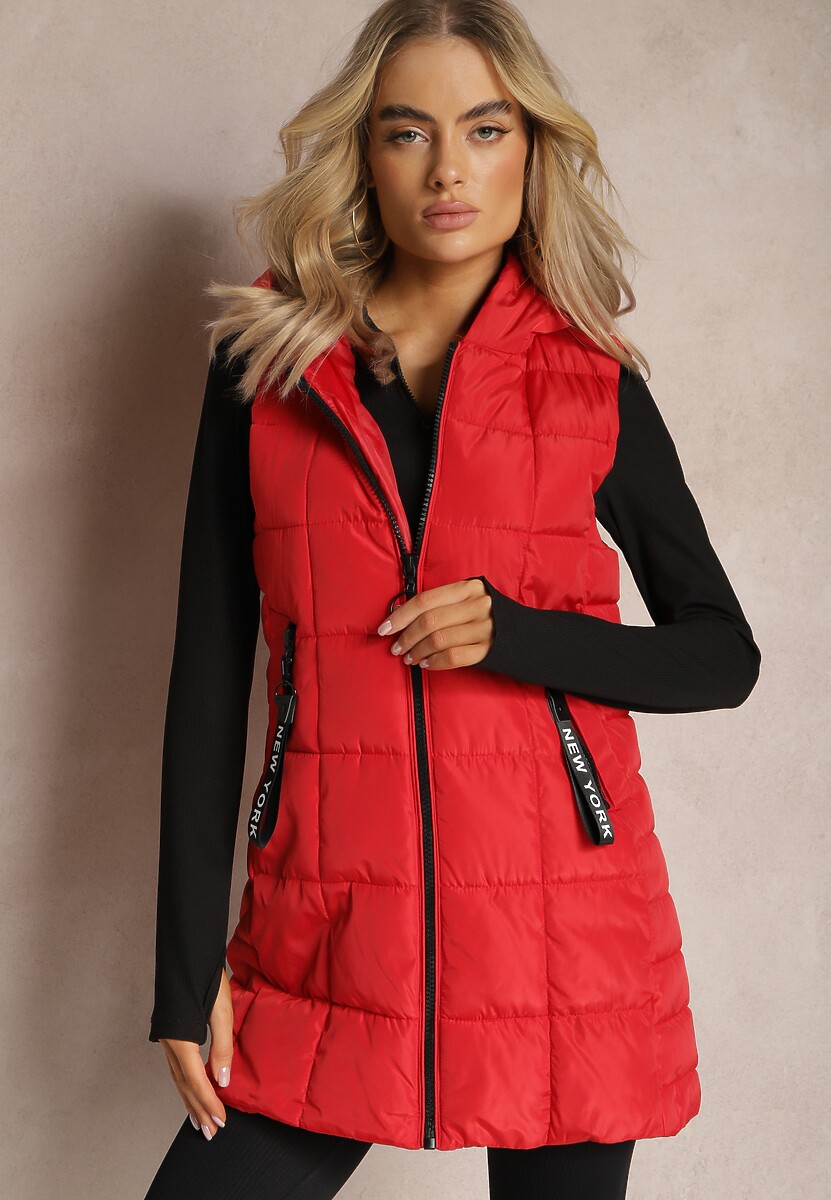 Czerwona Długa Kamizelka Pikowana z Wysokim Kołnierzem i Kapturem Pansi