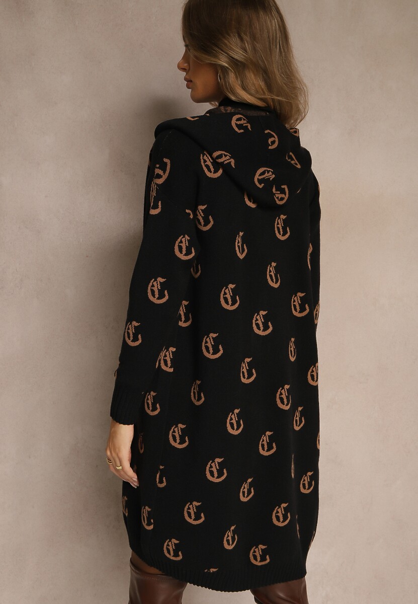 Czarny Kardigan z Kapturem Ozdobiony Geometrycznym Motywem Ralanessa