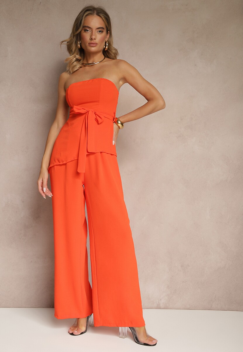 Pomarańczowy Komplet Spodnie o Szerokim Kroju i Asymetryczna Bluzka Ralinessa