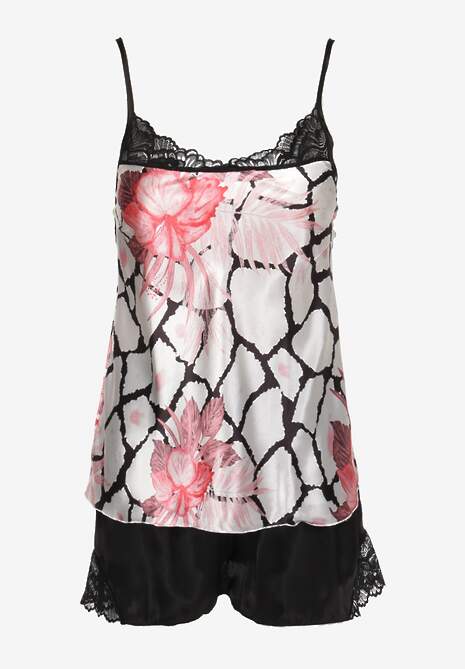 Biało-Czarny Satynowy Komplet Piżamowy z Szortami i Topem z Koronką Telespha