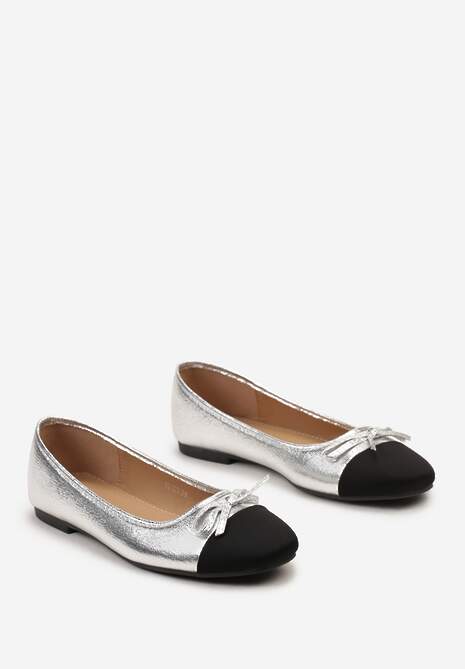 Srebrne Połyskujące Balerinki z Brokatową Kokardką i Kontrastowym Noskiem Saisa