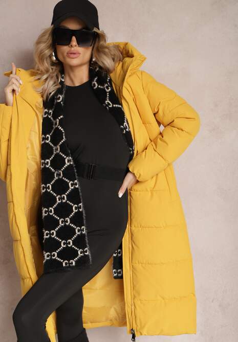 Żółta Długa Kurtka Płaszcz z Pikowaniem oraz Kapturem Madirre