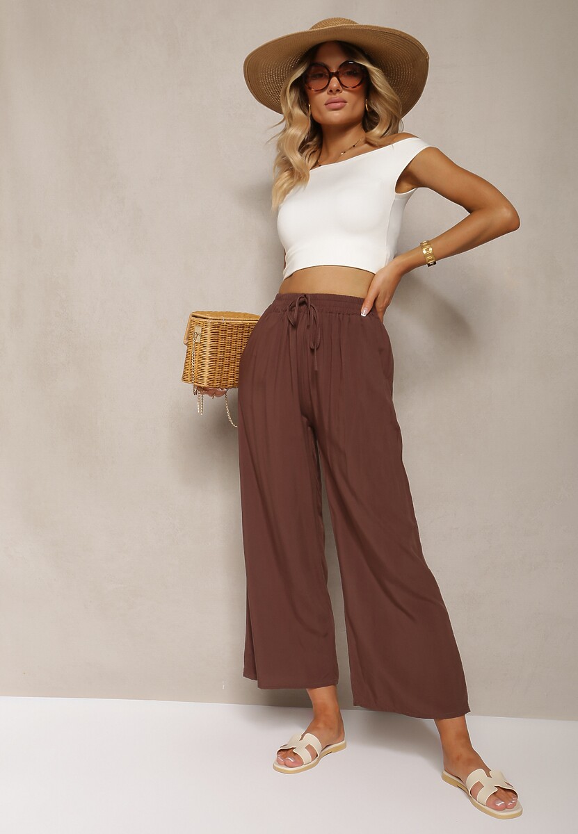 Brązowe Spodnie z Bawełny Typu Palazzo  z Gumką w Talii Fieana