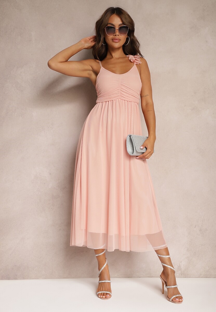 Różowa Rozkloszowana Sukienka na Ramiączkach z Gumką w Pasie z Falbankami Zafara