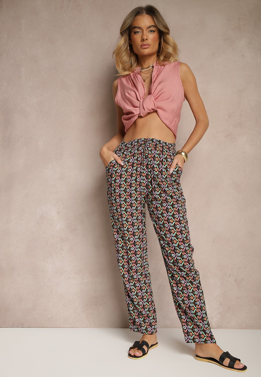 Czarne Spodnie z Bawełny o Prostym Kroju z Gumką w Pasie w Geometryczny Print Avelriz