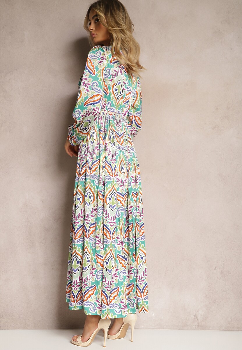 Zielona Rozkloszowana Sukienka z Wycięciem i Plisowanym Dołem Zapinana na Guziki Amymarie