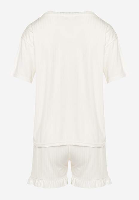 Jasnobeżowy Komplet Piżamowy Szorty Wykończone Falbanką i Koszula z Nadrukiem Tyrvea