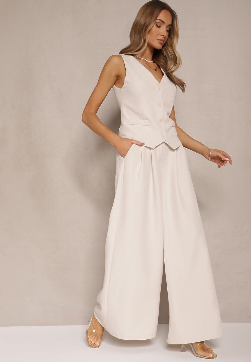 Jasnobeżowy Komplet Garniturowy z Kamizelką i Spodniami o Szerokim Kroju Ravirana