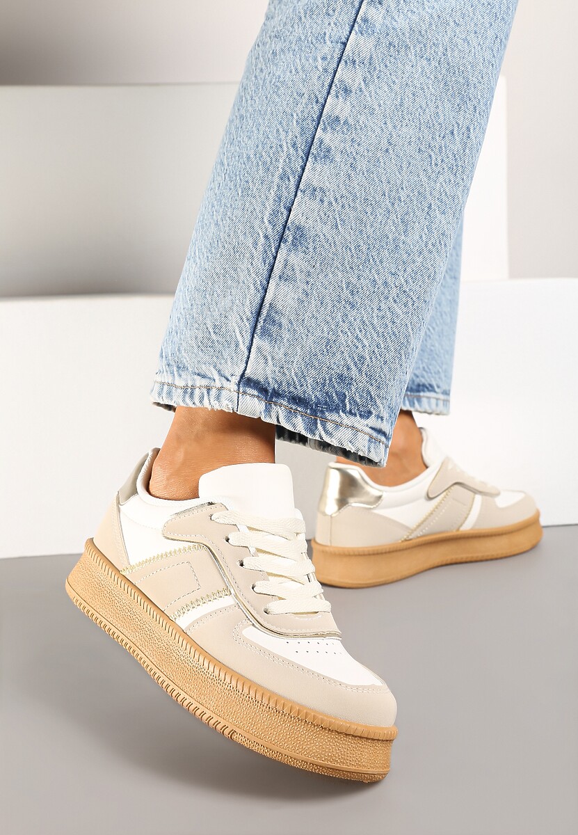 Beżowo-Białe Sneakersy na Płaskiej Podeszwie Ozdobione Przeszyciami i Perforacją Nealiora