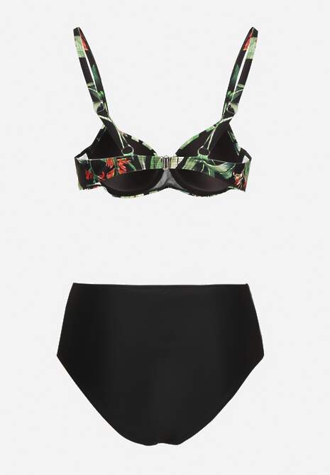 Czarne Bikini Biustonosz w Liście i Majtki Figi z Siateczkowymi Wstawkami Kinalea