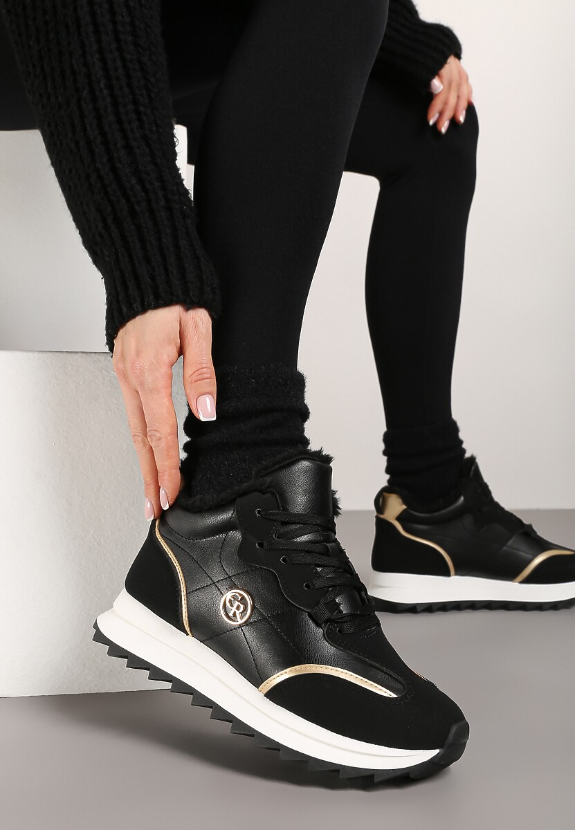 Czarne Ocieplane Sneakersy na Grubej Podeszwie Bellora