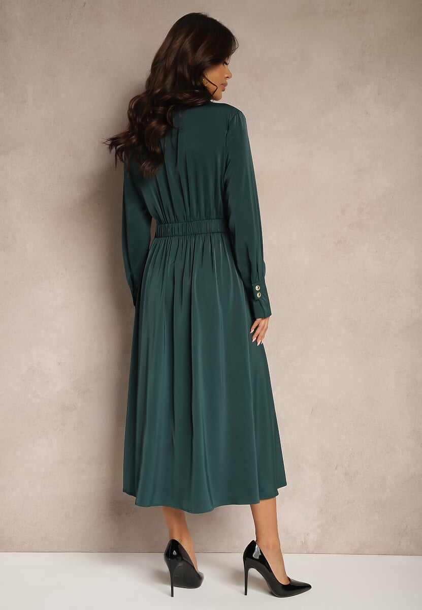 Zielona Koszulowa Sukienka o Rozkloszowanym Kroju z Gumką w Pasie i Imitacją Kieszeni Etaviela