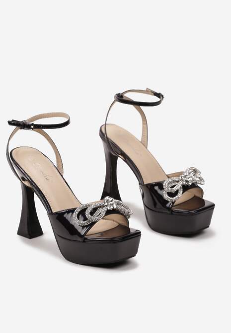 Czarne Sandały na Platformie i Szpilce z Kokardą z Cyrkoniami i Sprzączką Vlenikke