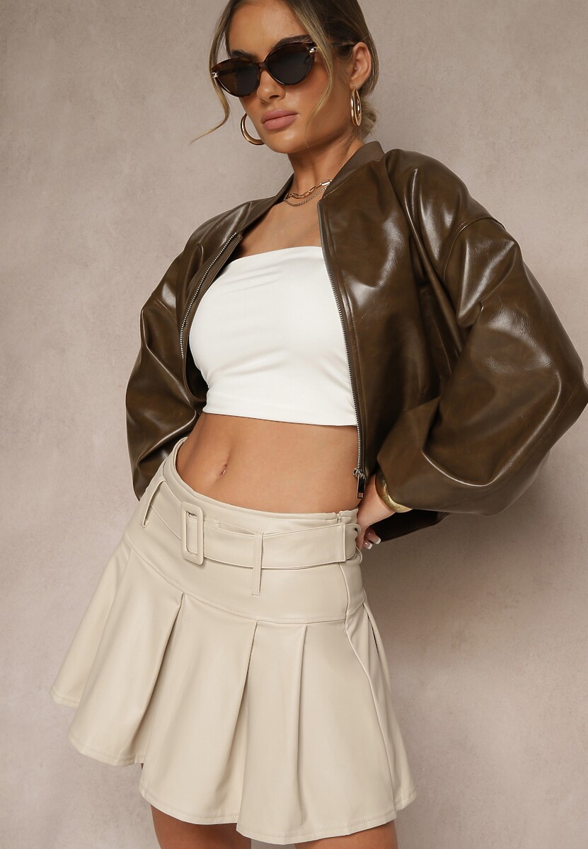 Jasnobeżowa Ocieplana Rozkloszowana Spódnica High Waist o Plisowanym Kroju z Ekoskóry z Paskiem Asitha