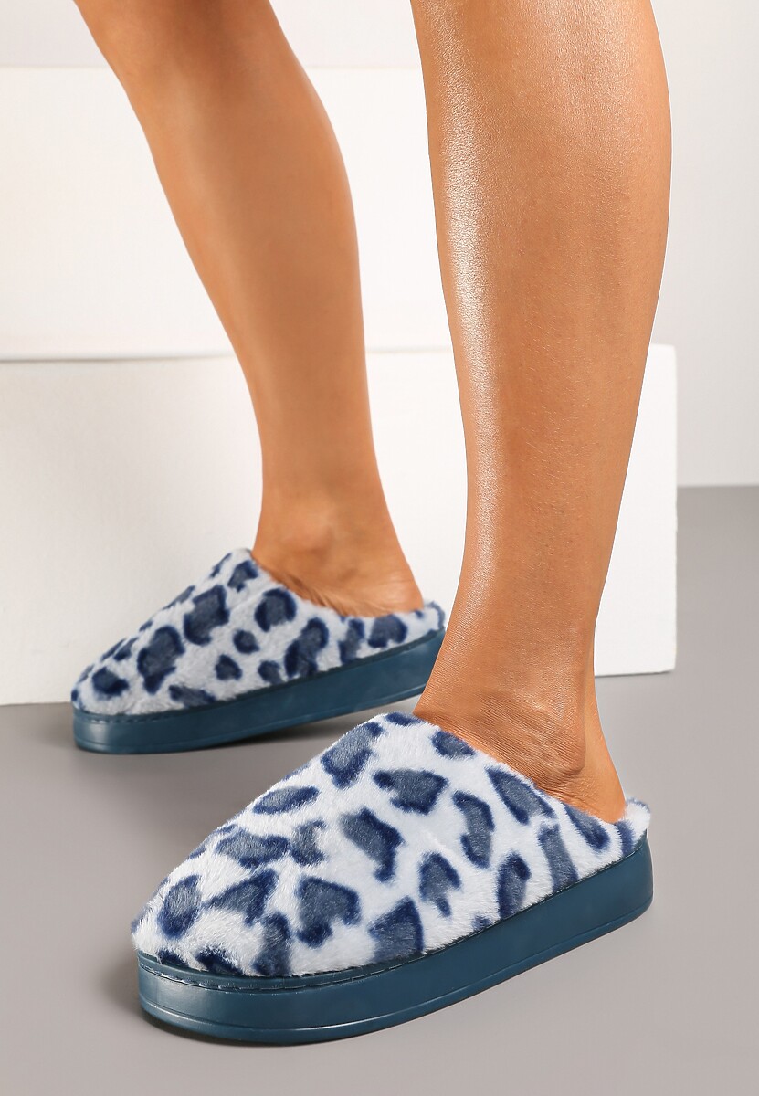 Granatowe Futrzane Płaskie Kapcie z Panterkowym Wzorem Remilaine