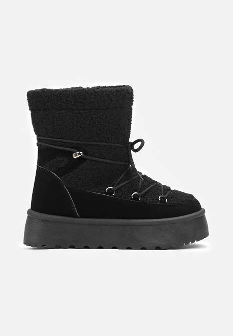 Czarne Futrzane Śniegowce na Platformie z Ozdobnym Wiązaniem Ebele