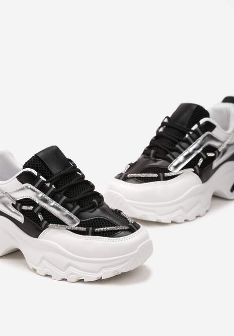 Czarno-Białe Sneakersy z Ozdobnym Sznurkiem i Cyrkoniami na Grubej Podeszwie Fionalee