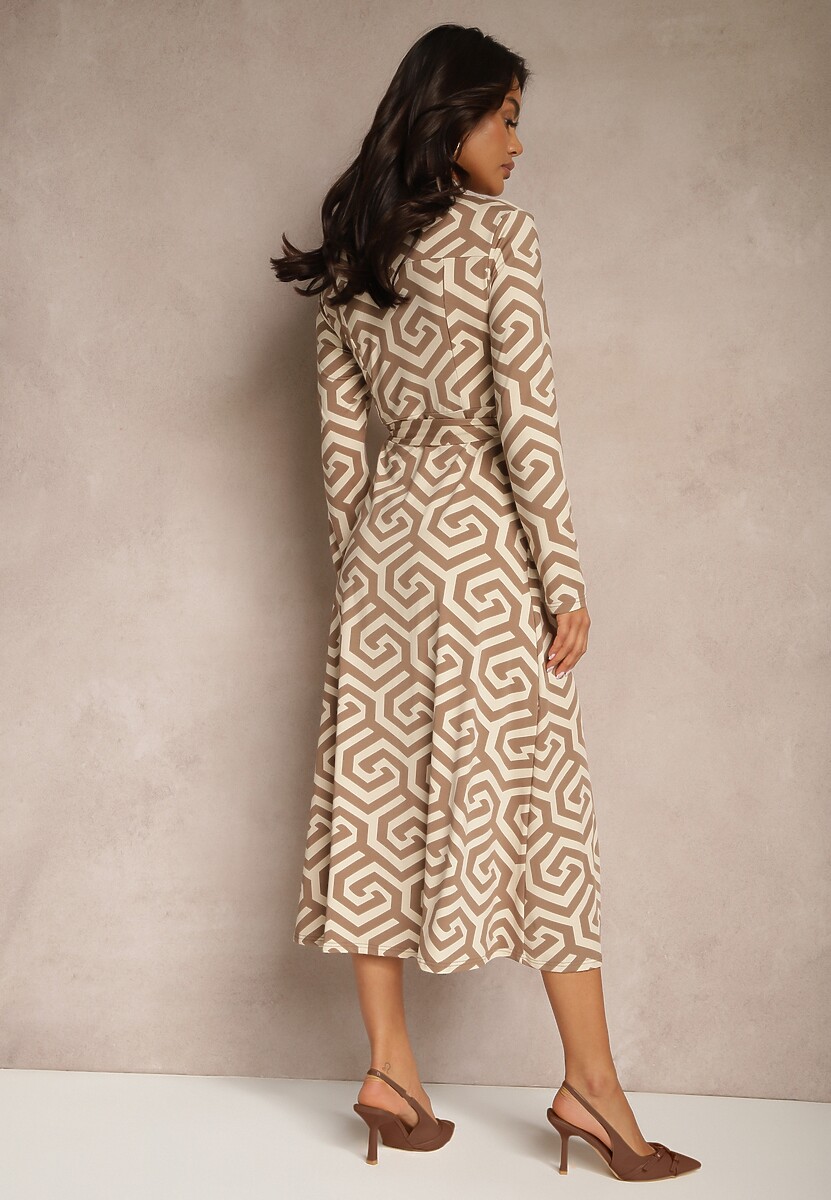 Beżowa Sukienka Koszulowa z Wiskozą w Geometryczny Wzór z Paskiem Erisviria