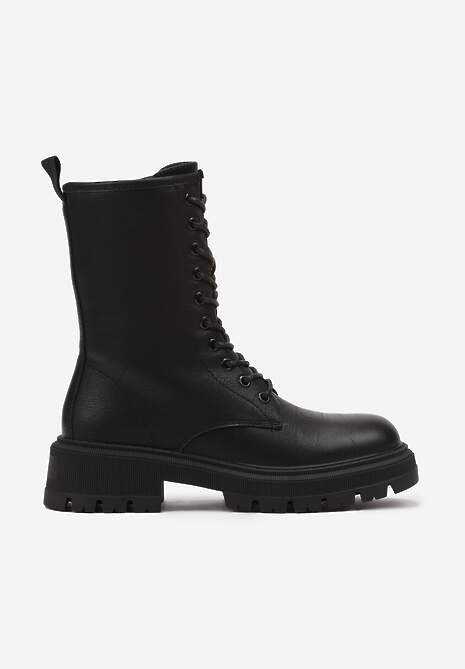 Czarne Botki na Płaskiej Podeszwie Ozdobione Wiązaniem Laolin