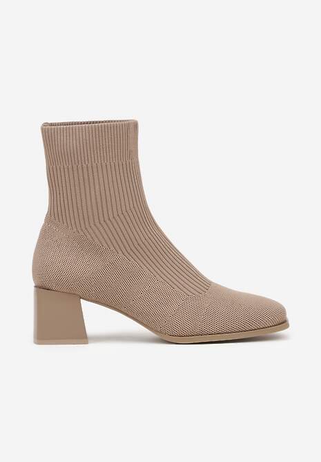 Ciemnobeżowe Botki za Kostkę z Elastycznego Materiału na Geometrycznym Słupku Aidara