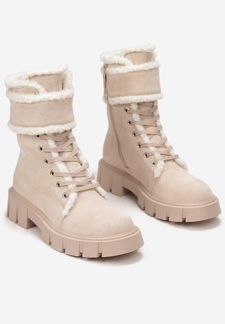 Beżowe Botki Workery na Grubej Podeszwie z Futerkiem Valiro
