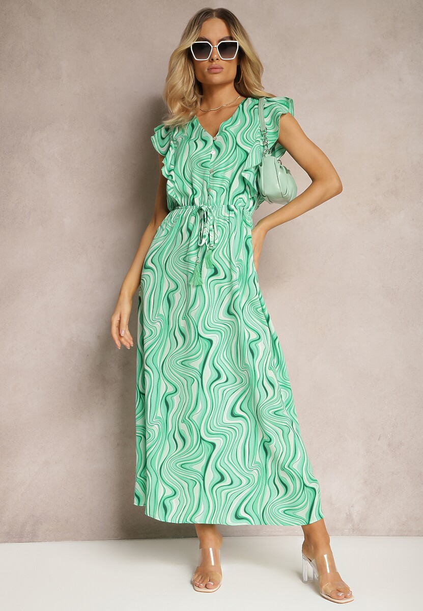 Jasnozielona Rozkloszowana Sukienka z Guzikami i Gumką w Talii Mottella