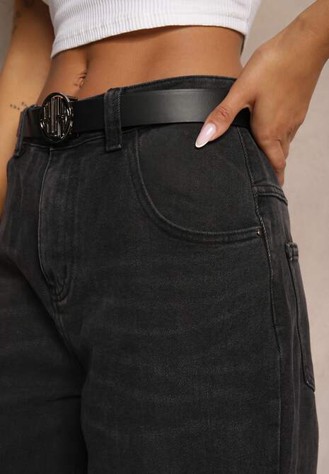 Ciemnoszare Jeansy High Waist z Bawełny z Paskiem Nevelith