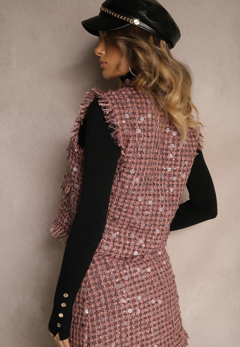 Różowa Kamizelka Garniturowa z Wełną Frędzlami i Cekinami Lesaltia