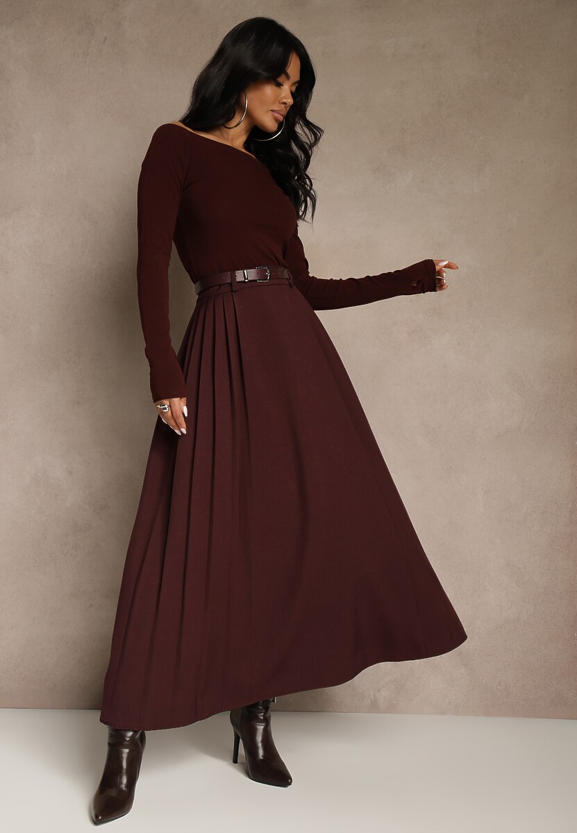 Bordowa Rozkloszowana Spódnica z Wiskozy z Dodatkowym Paskiem z Klamrą Lowedina