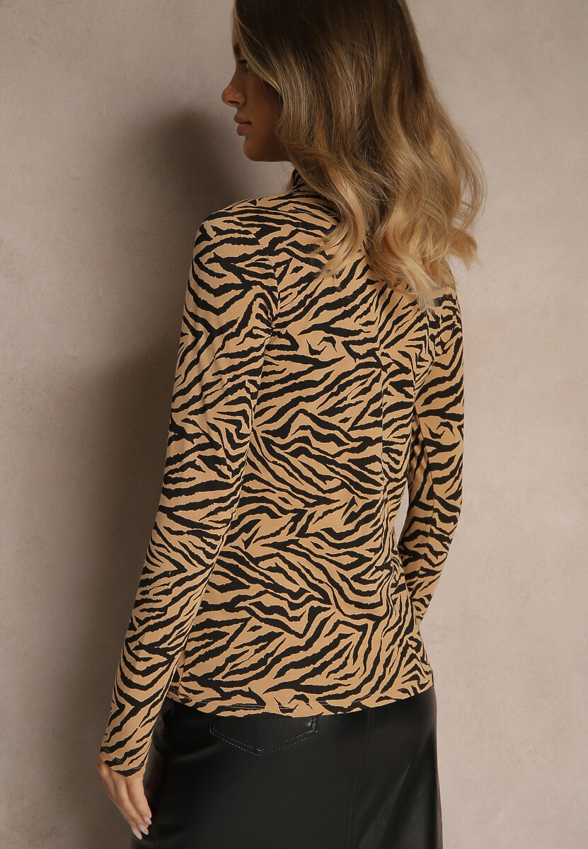 Brązowa Bluzka z Bawełny Typu Longsleeve z Golfem w Zebrę Cralissa