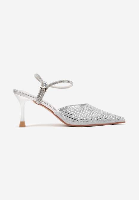 Srebrne Sandały Slingback na Szpilce ze Szpiczastym Noskiem z Cyrkoniami Dimena
