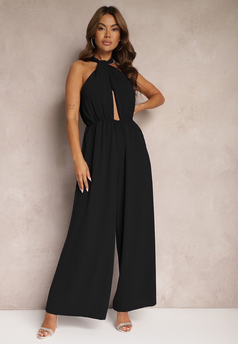 Bordowy Taliowany Kombinezon ze Ściągaczem w Talii i Wiązaniem przy Szyi Rivasiris