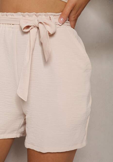 Beżowe Luźne Szorty Bermudy High Waist z Gumką i Materiałowym Paskiem w Talii Renetta