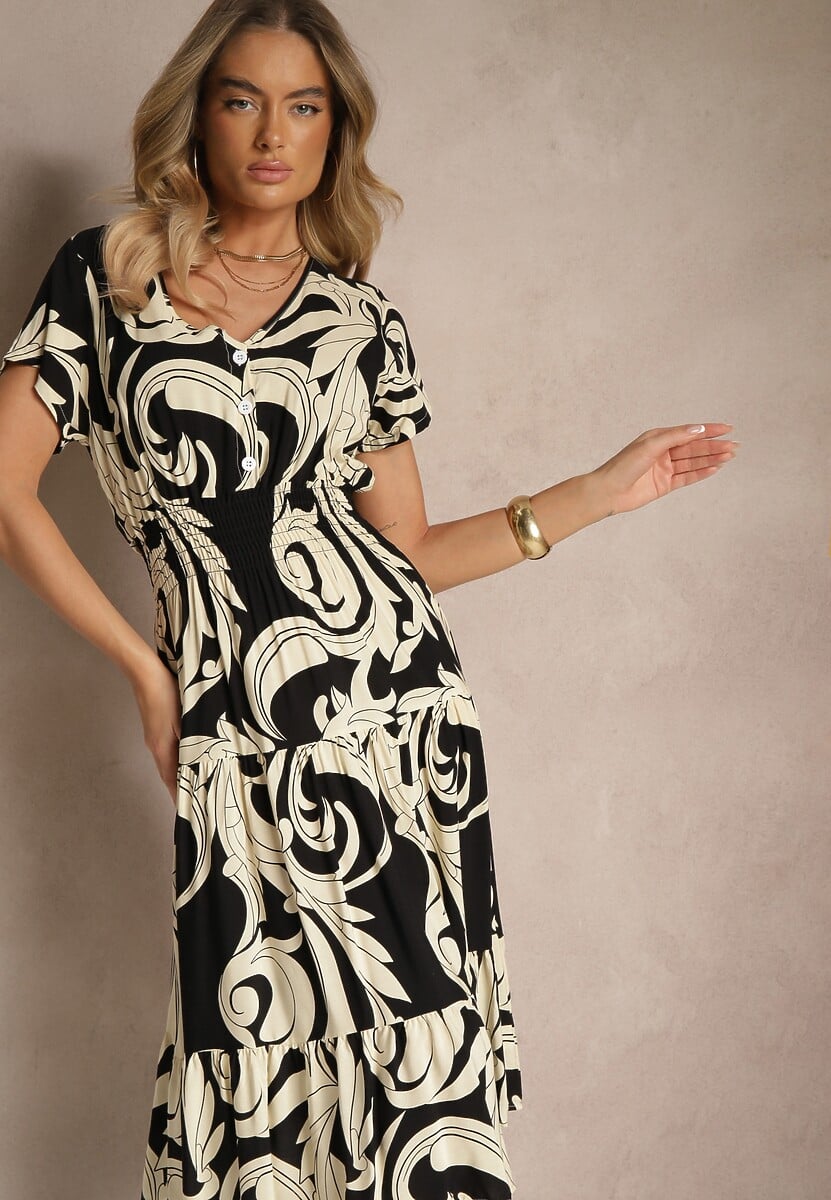 Czarna Bawełniana Sukienka z Abstrakcyjnym Motywem i Guzikami Talivea