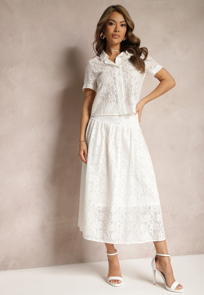 Biała Koronkowa Spódnica z Wysokim Stanem i Falbanką Telleena