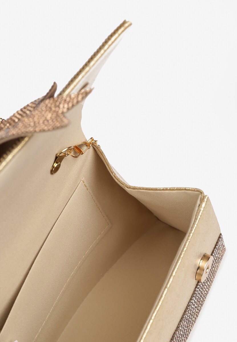 Złota Torebka Kopertówka Ozdobiona Cyrkoniami i Kokardą Deolire